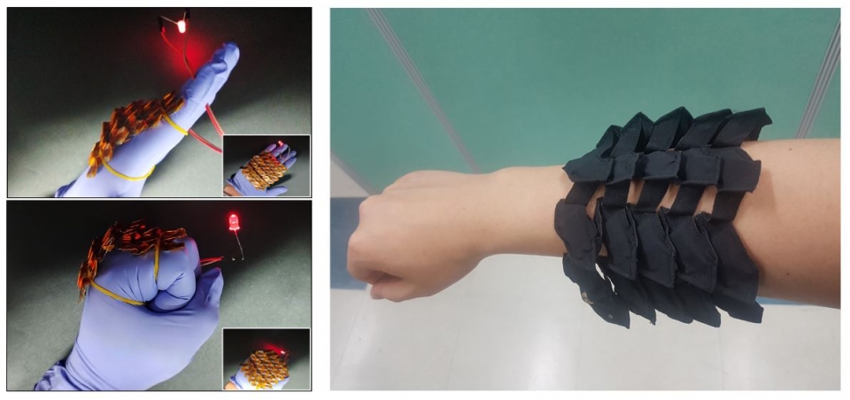 한국기계연구원 나노역학장비연구실 장봉균/현승민 박사 연구팀이 개발한 신축성 뱀 비늘형 배터리를 사람의 팔과 손에 착용한 모습.인체의 형태에 밀착시킬 수 있을 뿐만 아니라 그 움직임에 맞춰 자유롭게 변형할 수 있다.